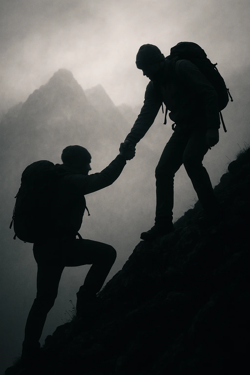 Silhouette of climbers helping each other on a mountain, symbolizing support and guidance